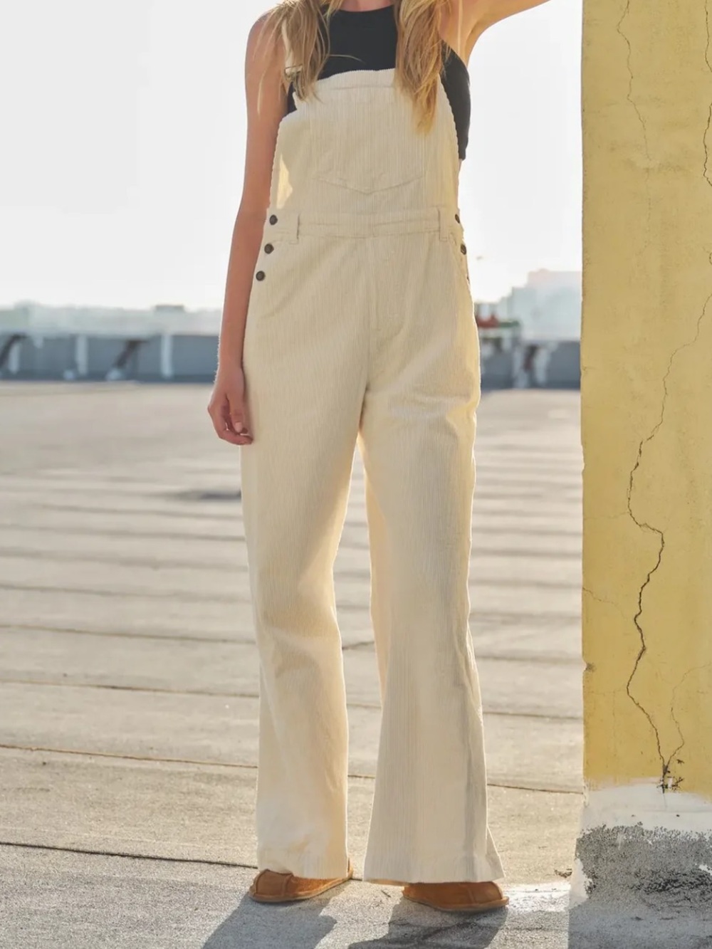 Cream Wide-Leg Corduroy Overalls